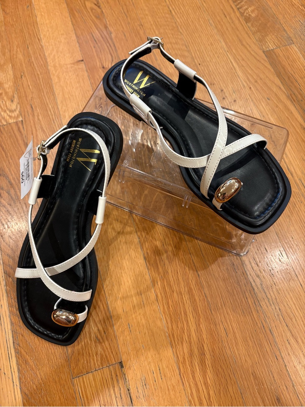 Worthington Black & White Strappy Toe-Ring Sandals with Gold Accent